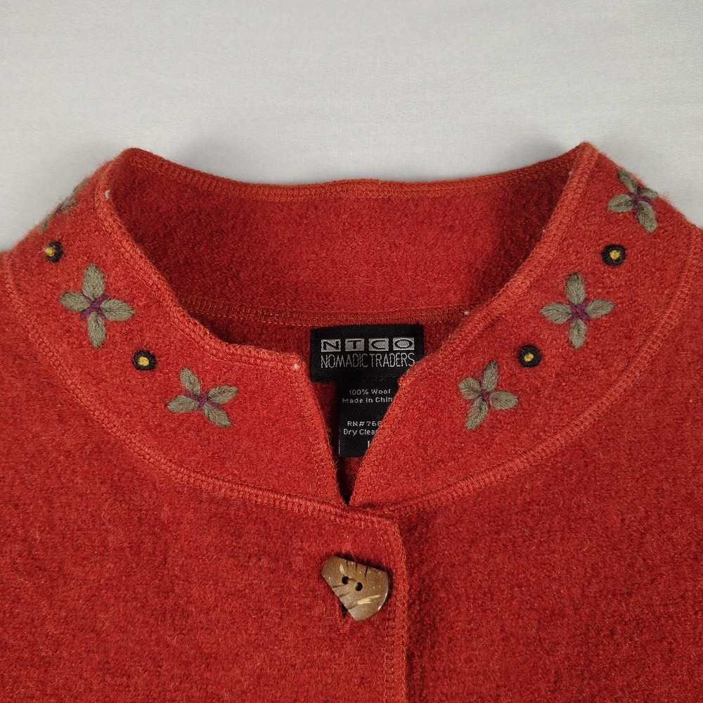 Nomadic Traders Womens Large 100% Wool Cardigan Sweater Orange Embroidered Boho